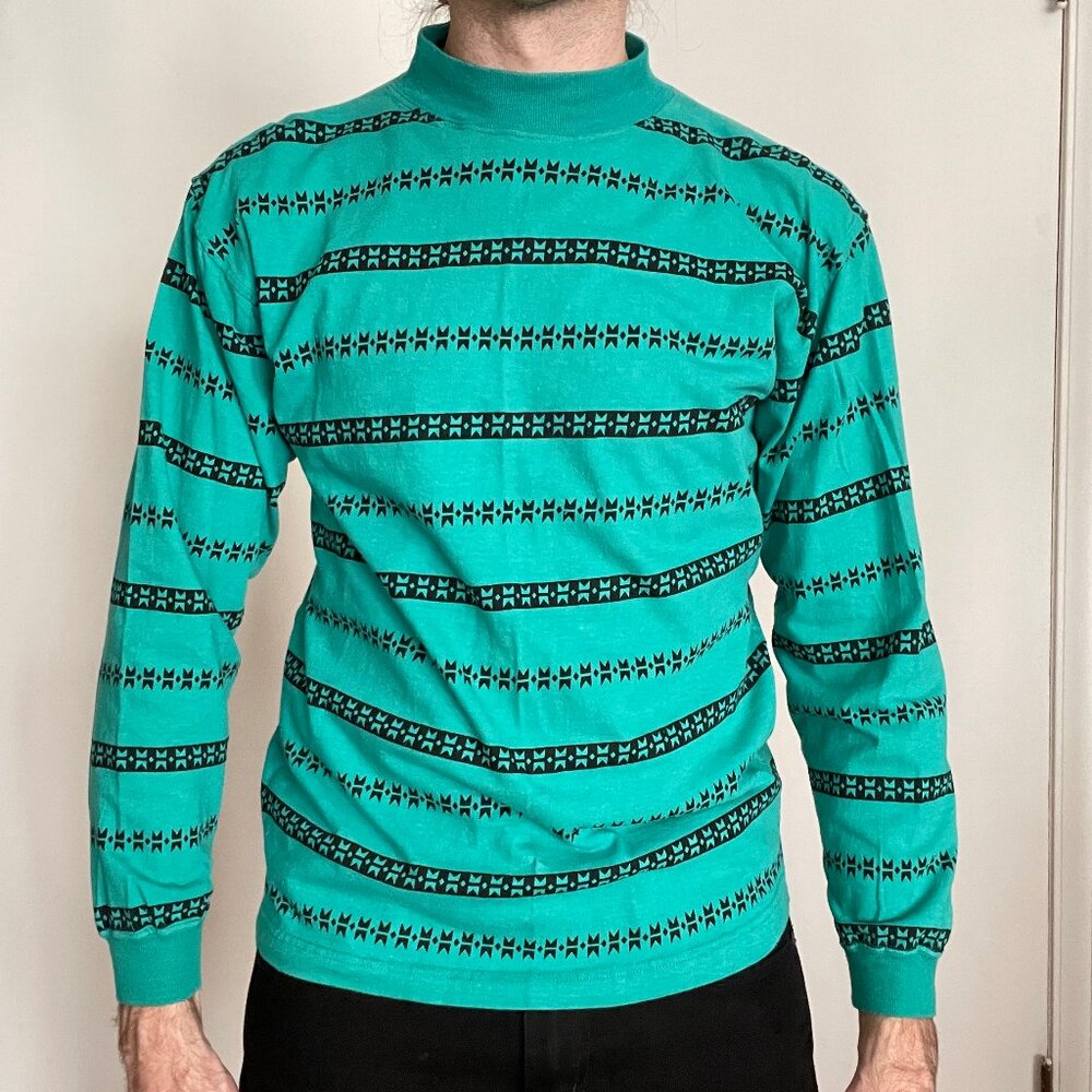 Vintage 90s Honors Long Sleeve Printed T Shirt Size Medium M Teal Black Cotton